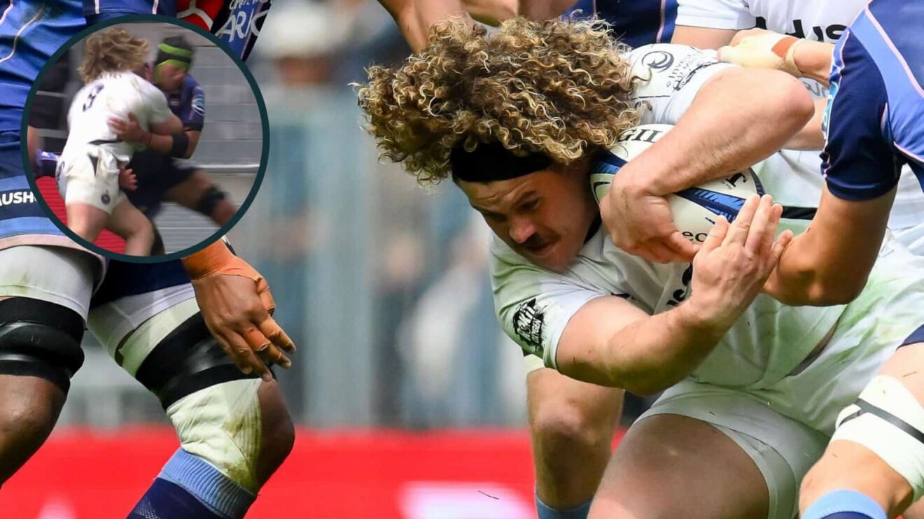 Bath number eight Alfie Barbeary and one of the high tackle incidents (inset) with Adam Coleman.