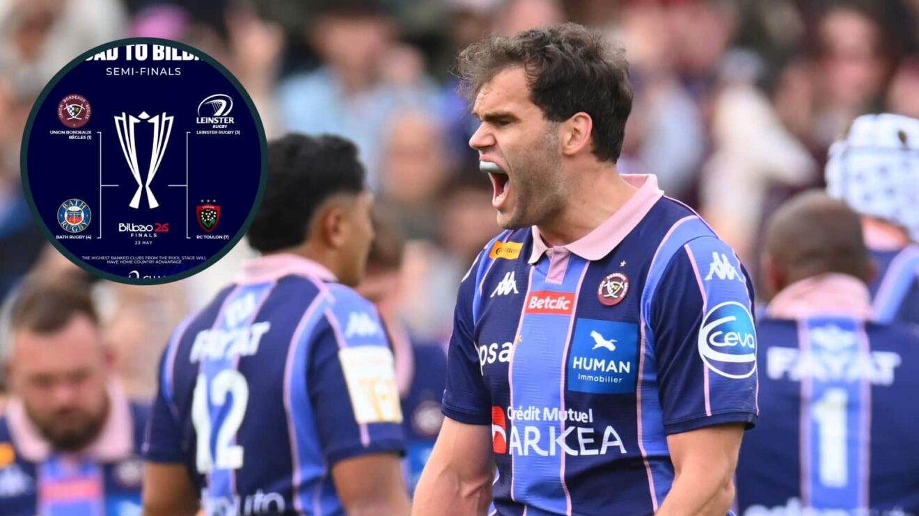 Bordeaux back Damian Penaud and an inset of the Investec Champions Cup semi-finals.