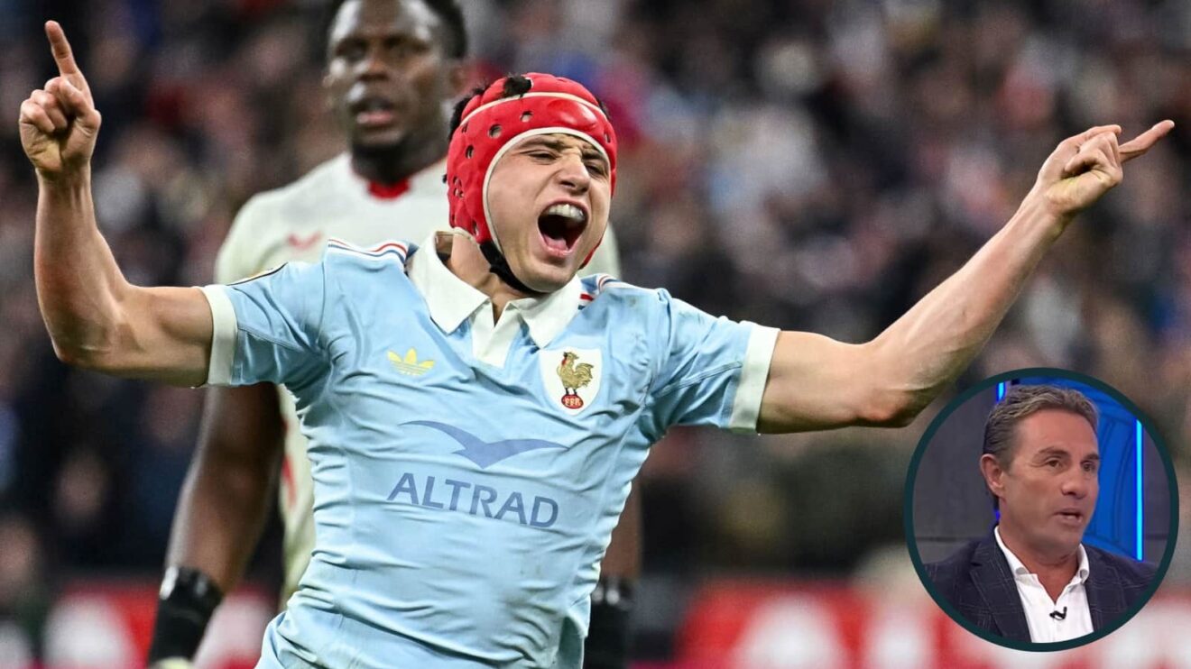 Louis Bielle-Biarrey celebrates France's Six Nations win, and All Blacks legend Justin Marshall (inset).