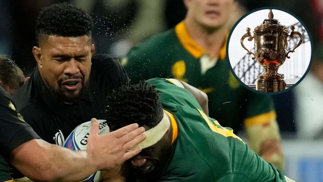 Siya Kolisi tackling Ardie Savea during 2023 Rugby World Cup final between Springboks and All Blacks, and the Webb Ellis Cup (inset).